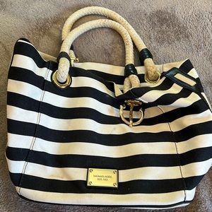 Michael Kors nautical themed purse 10”x15” black and white striped